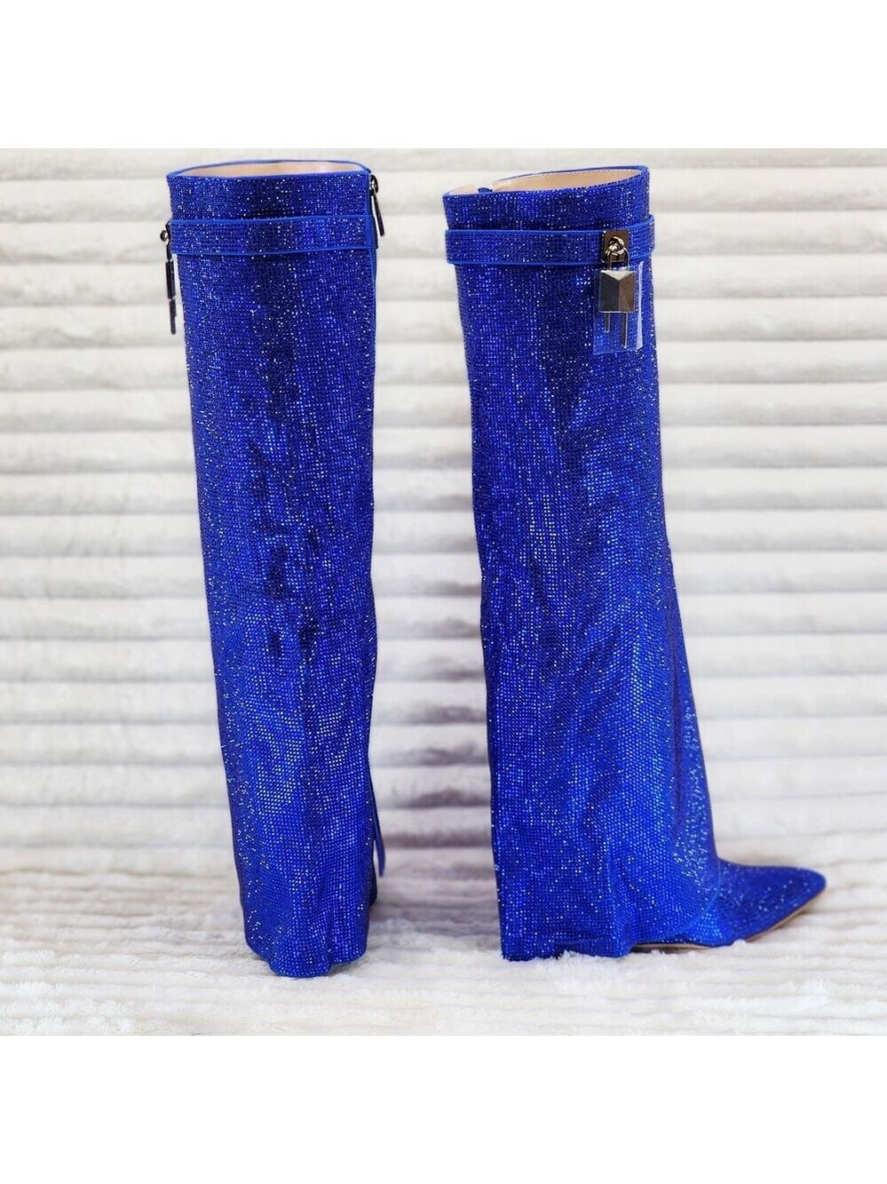 NIB Super Sparkle Sharky Skirted Fold Over Wedge Heel Knee Boots Royal Blue - Picture 7 of 15